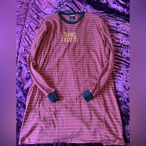 Burgundy and yellow striped long sleeve T-shirt dress